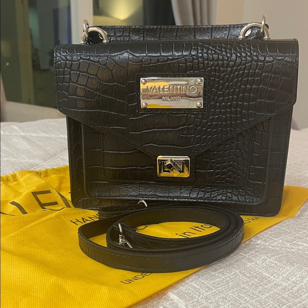 Valentino Black Croc-Embossed Crossbody Bag